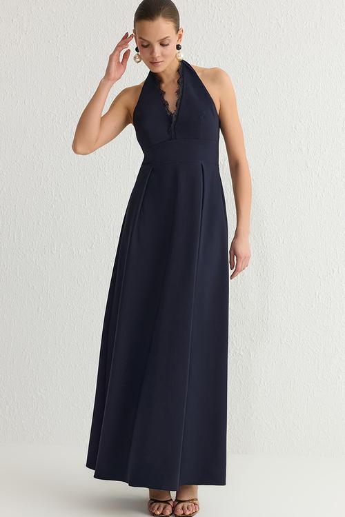 Lace Collar Detailed Woven Long Elegant Evening Dress - Navy blue