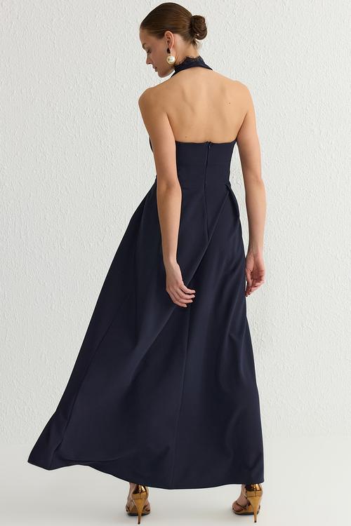 Lace Collar Detailed Woven Long Elegant Evening Dress - Navy blue