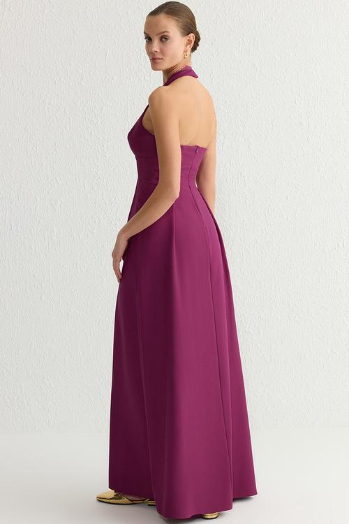 Lace Collar Detailed Woven Long Elegant Evening Dress - Purple