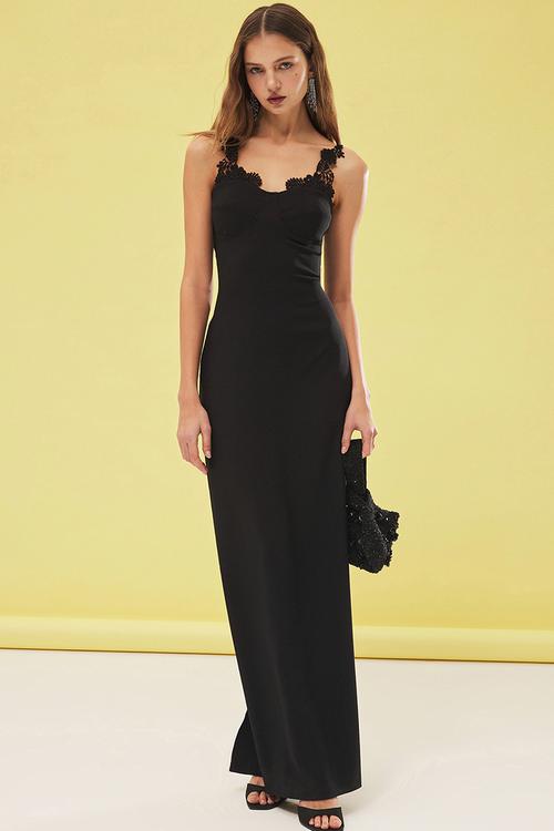 Bodycon Lace Detailed Woven Long Elegant Evening Dress - Black