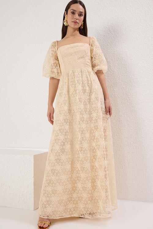 A-Line Floral Lined Long Evening Prom Dress - Salmon