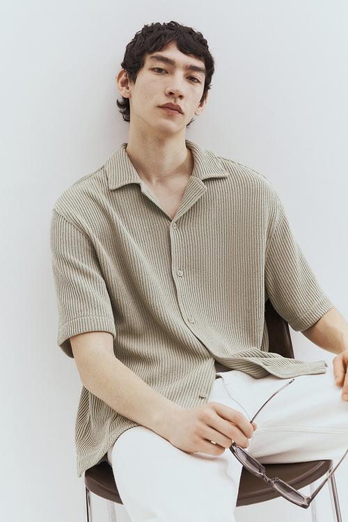 Loose fit ribbed resort shirt - beige