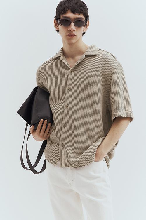 Loose fit ribbed resort shirt - beige