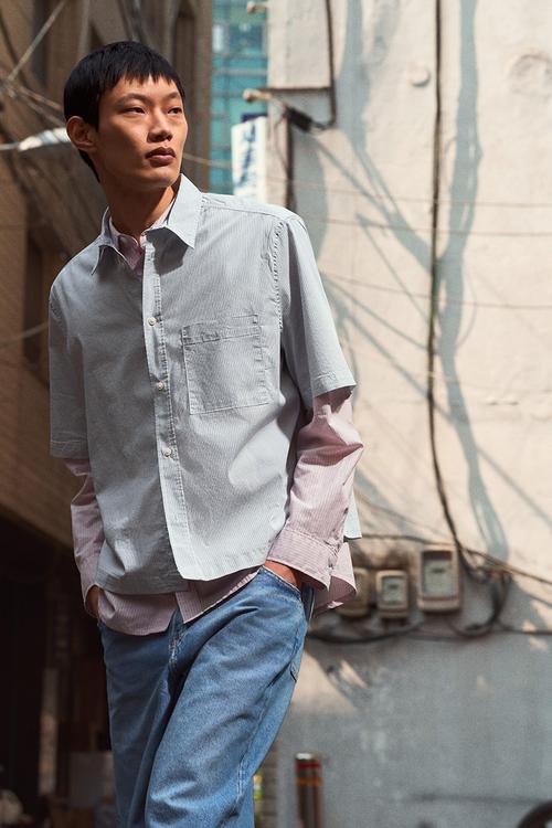 Oversized fit short-sleeved shirt - blue striped 