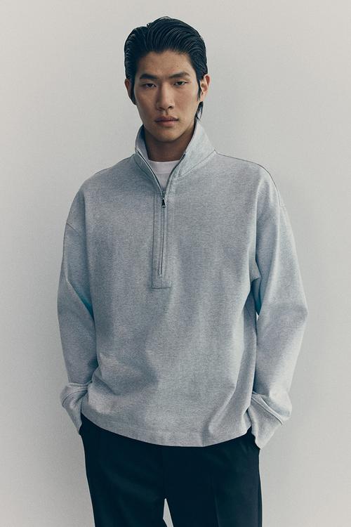 Cotton zip-top sweatshirt - grey marl