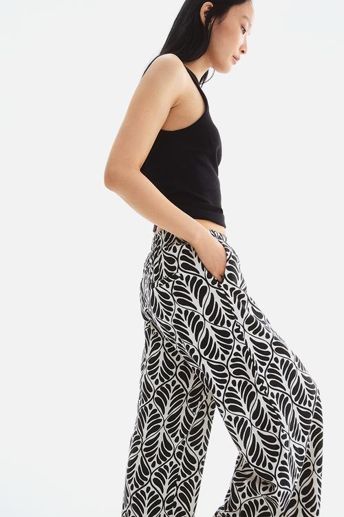 Wide linen-blend trousers - white/black patterned