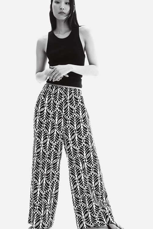 Wide linen-blend trousers - white/black patterned