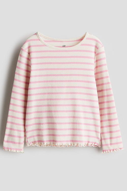 Long-sleeved jersey top - cream striped 