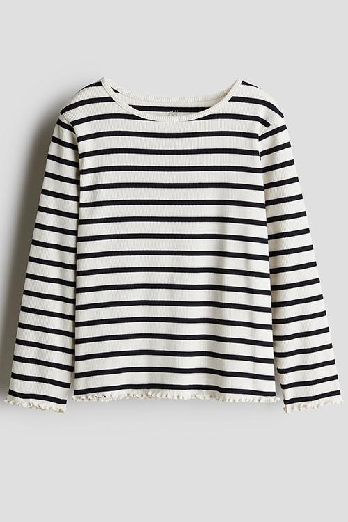 Long-sleeved jersey top - white & black striped 