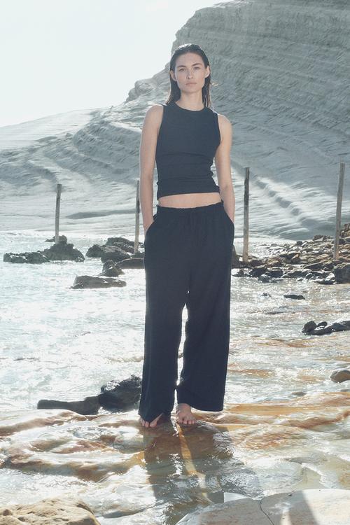 Cropped linen-blend trousers - navy blue