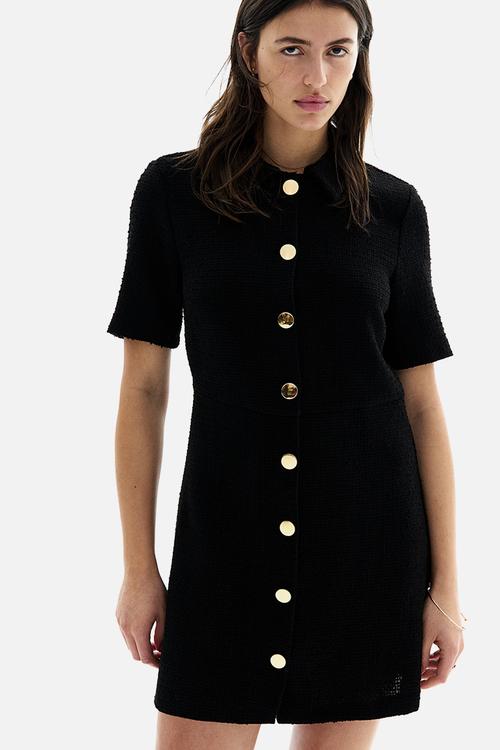 Button-front bouclé dress - black
