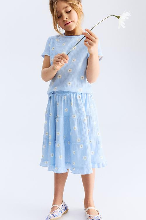 Pointelle jersey top - light blue daisies