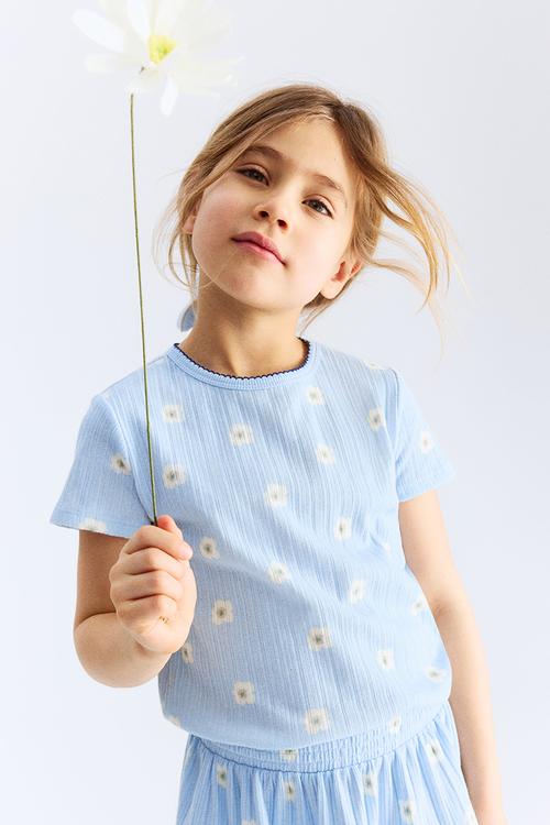 Pointelle jersey top - light blue daisies
