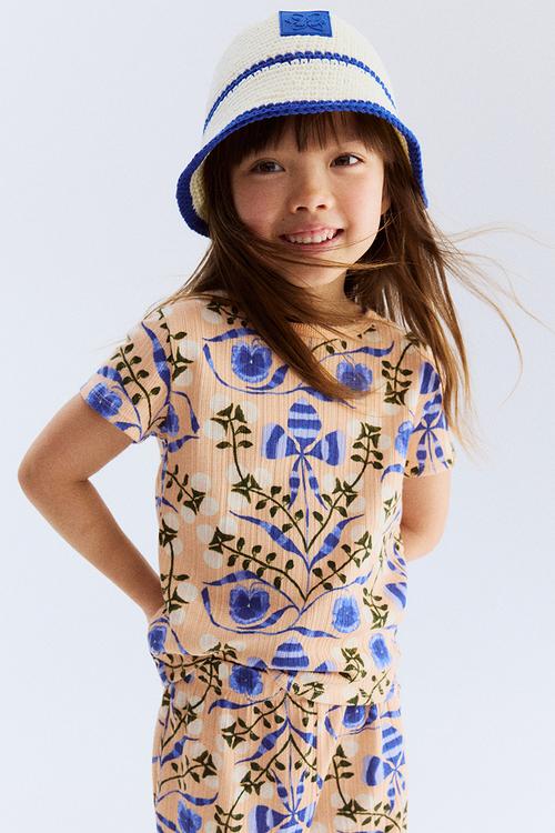Pointelle jersey top - peach floral
