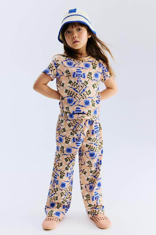 Pointelle jersey top - peach floral