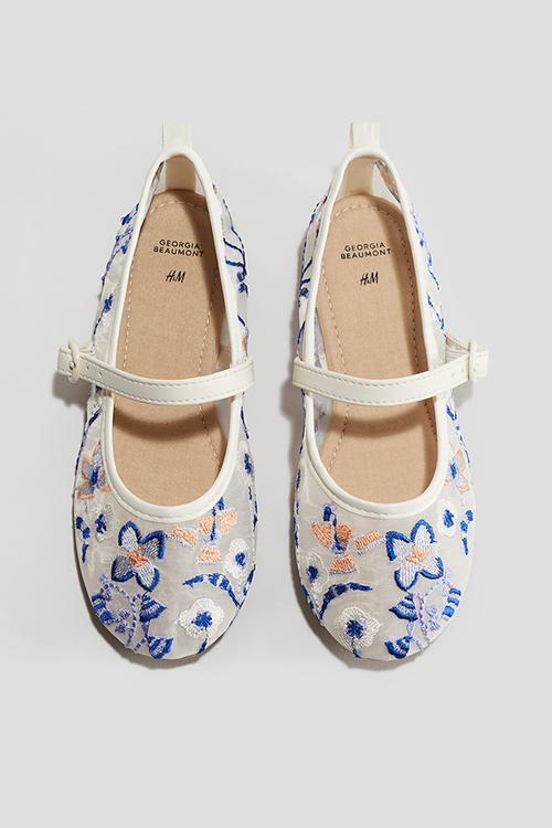 Embroidered mesh ballet pumps - cream floral