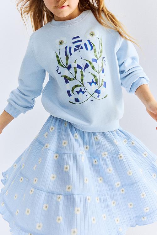 Patterned pointelle skirt - light blue daisies