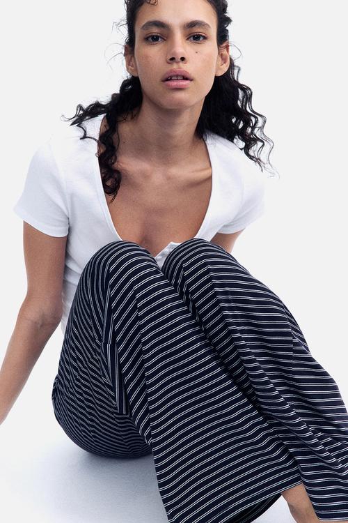 Straight drawstring trousers - navy blue/white striped
