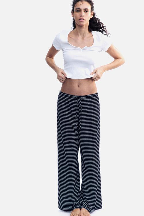 Straight drawstring trousers - navy blue/white striped