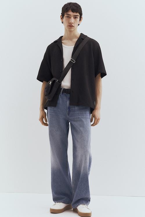 Loose fit ribbed resort shirt - black