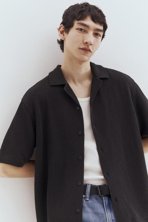 Loose fit ribbed resort shirt - black