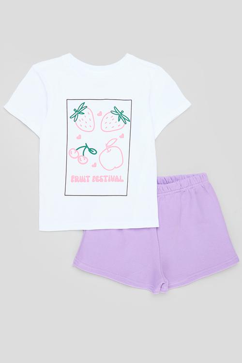 Fruit festival placement print tee with shorts - white/lilac