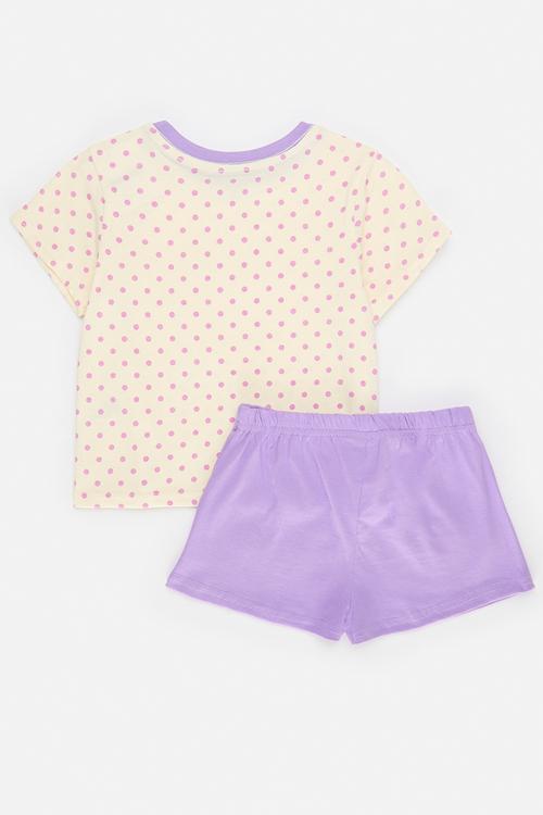 Pj set with contrast rib - cream/polka dot/lilac