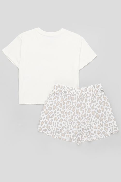Slogan pj tee with shorts - white/pink/leopard print