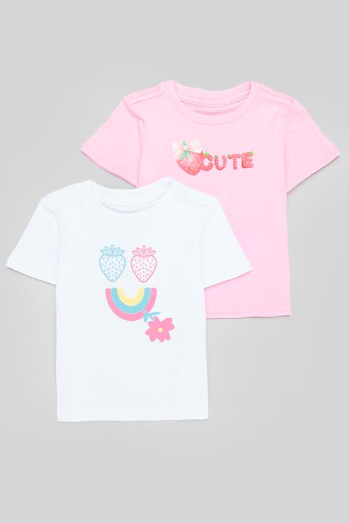 2 packs slogan & placement print tee - pink/white/cute