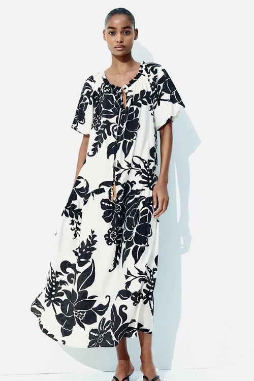 Drawstring-detail dress - white/black floral 