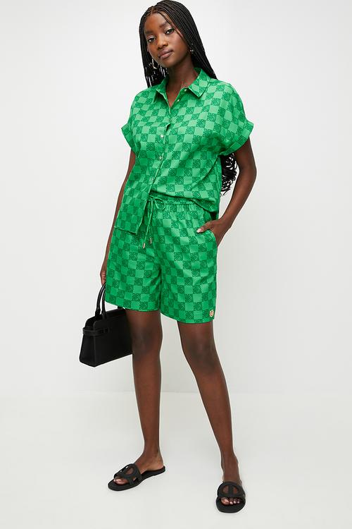 Ladies Ayra Allover Printed Logo Shorts - Emerald