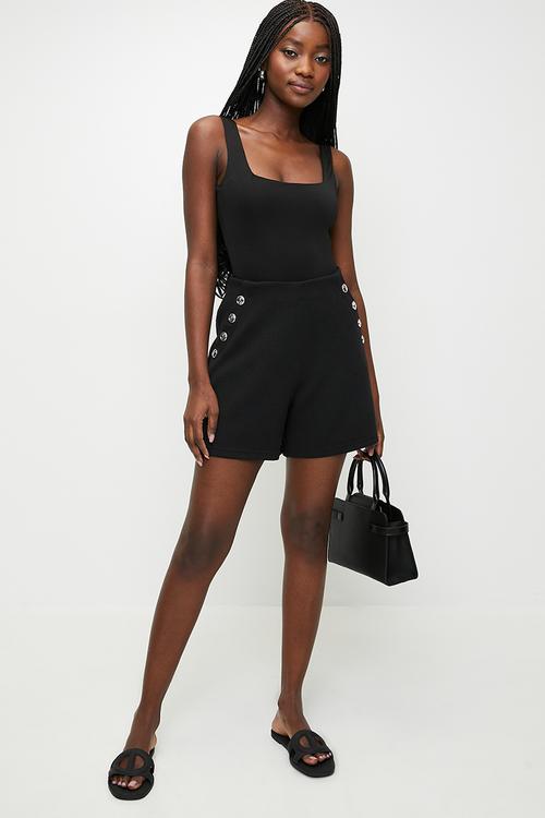 Ladies Holly High Waisted Shorts With Poppers - Black