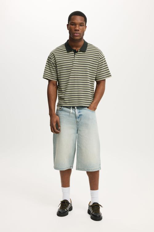 Cropped Fit Polo - Washed Black Multi Stripe