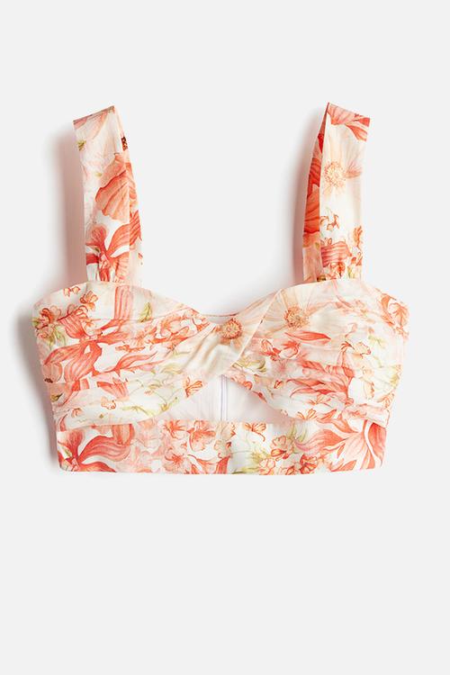 Twist-detail crop top - coral red floral