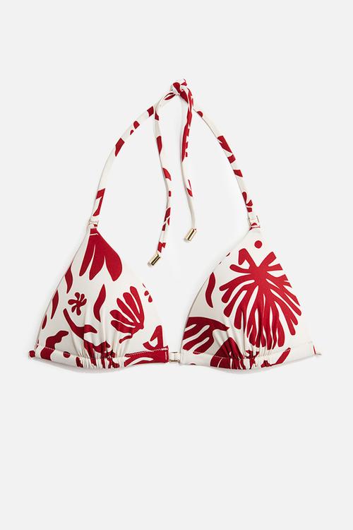 Push-up triangle bikini top - white & dark red patterned