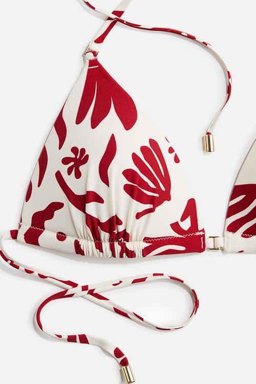 Push-up triangle bikini top - white & dark red patterned