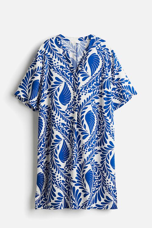 Viscose tunic dress - white & blue patterned
