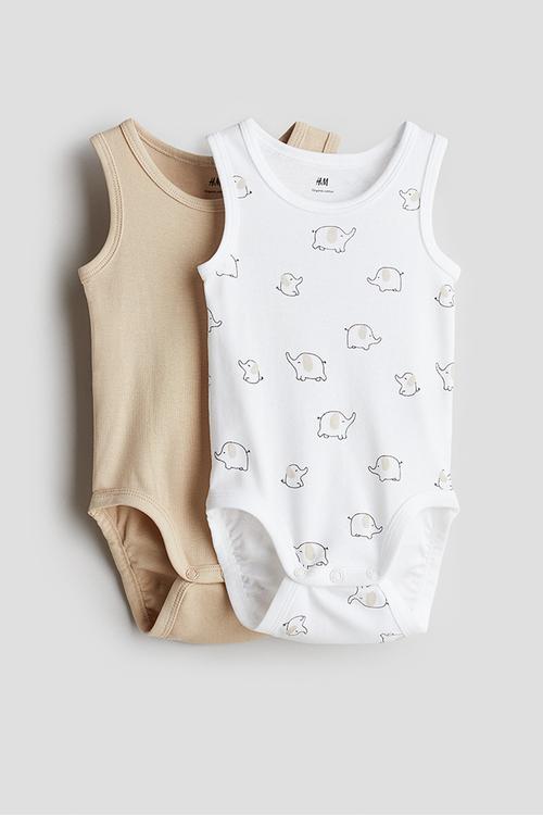 2-Pack sleeveless cotton bodysuits - beige/elephants