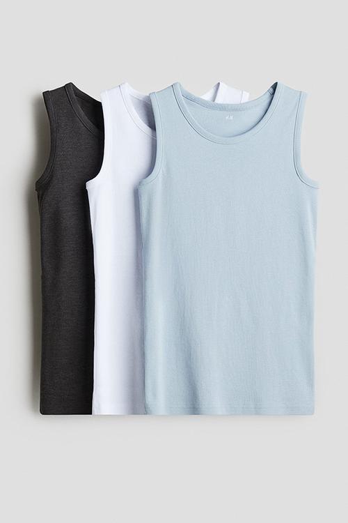 3-Pack cotton jersey vest tops - light blue/dark grey 