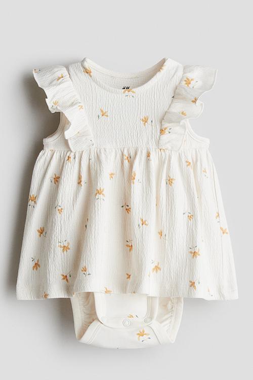 Frill-trimmed bodysuit dress - cream/floral