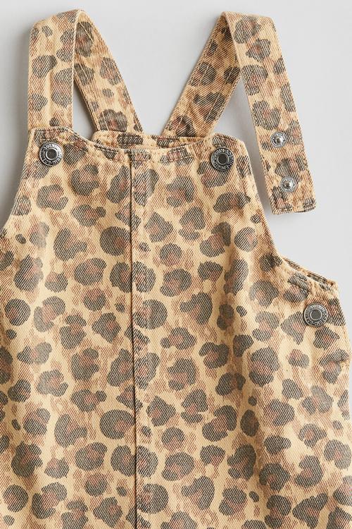 Cotton denim dungaree dress - beige/leopard-print 