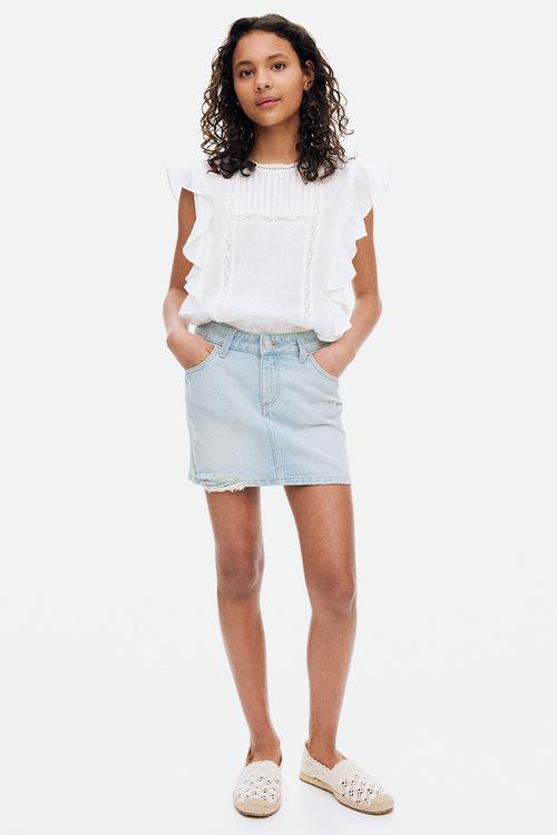 Worn-out-detail denim skirt - light denim blue