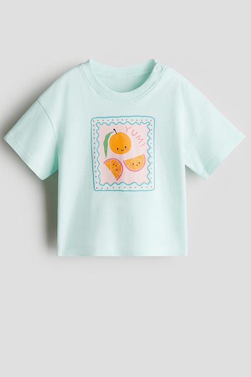 Printed cotton T-shirt - light turquoise oranges