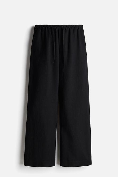Straight linen-blend trousers - black