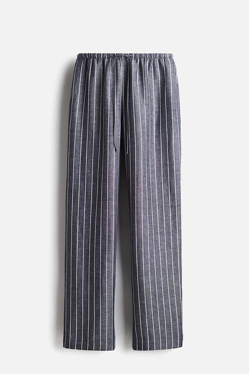Straight linen-blend trousers - dark blue striped