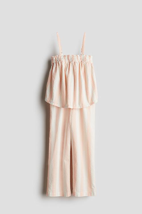 2-piece top and trousers set -  light peach/striped