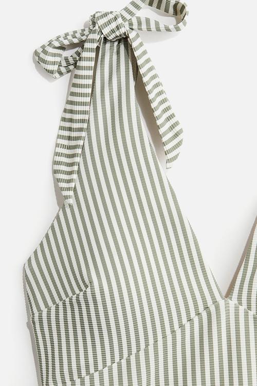 Padded-cup high leg swimsuit - khaki green striped
