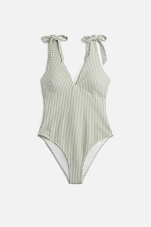 Padded-cup high leg swimsuit - khaki green striped