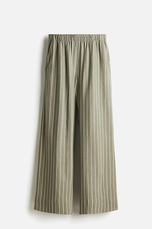 Wide linen-blend trousers - khaki green striped