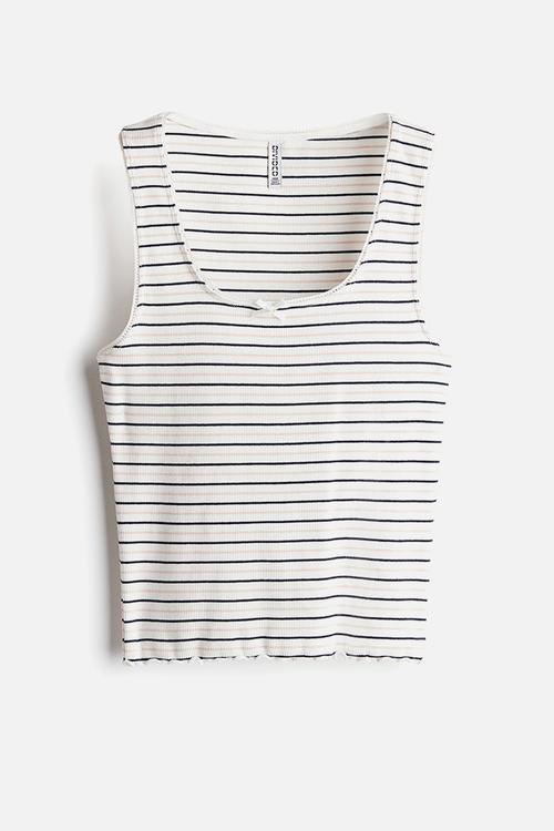 Pointelle jersey vest top - white/striped